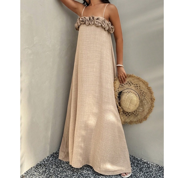 Boho Khaki Floral Applique Cami Flowy Maxi Dress - Picture 2 of 6